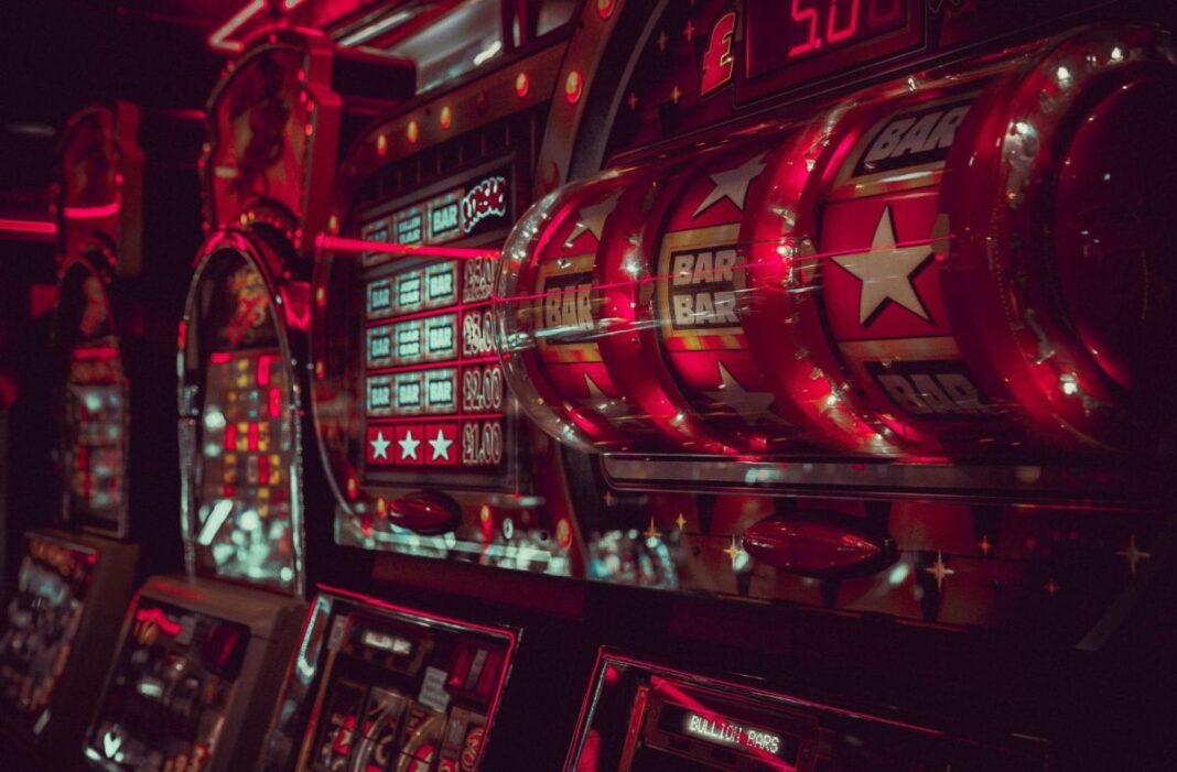 Image of vibrant red casino slot machines